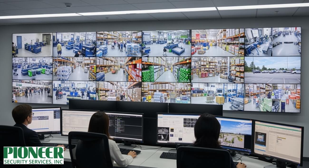 Security specialist monitoring surveillance video feeds on a large control room video wall for 24/7 remote services.