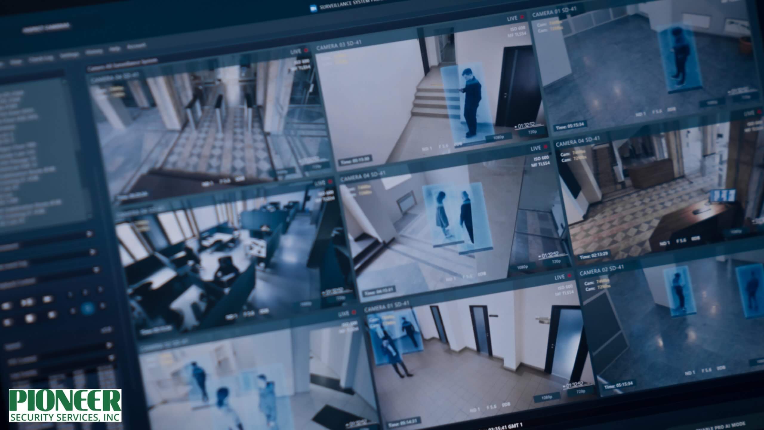 A close-up view of a digital surveillance system interface displaying a grid of live camera feeds from an interior building space. The system uses AI detection, outlining human figures in blue bounding boxes to track movement in various hallways and rooms.