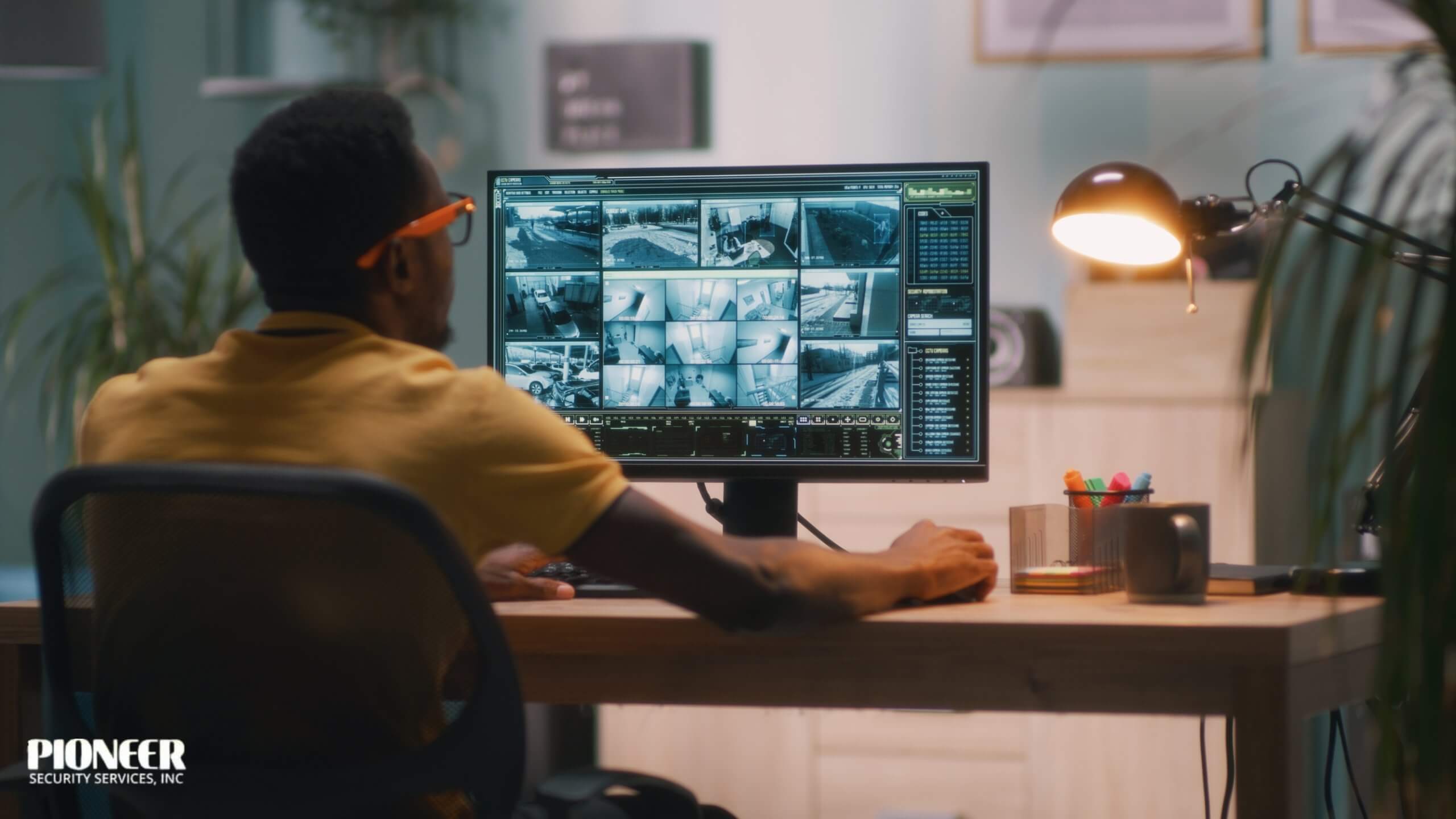 An over-the-shoulder view of a man wearing orange glasses and a yellow shirt, sitting at a desk and monitoring a computer screen. The screen displays a grid of nine surveillance camera feeds, mostly showing outdoor areas like roads and parking lots.