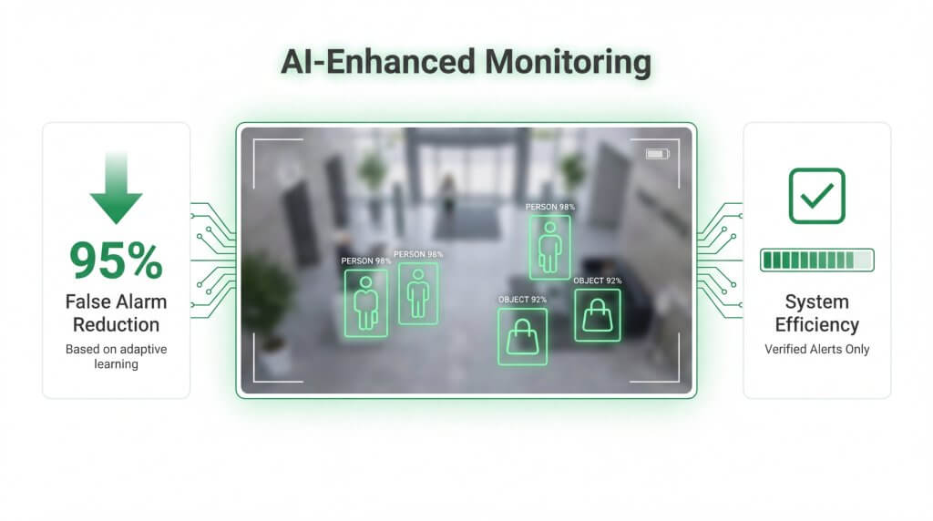 AI-enhanced security monitoring infographic showing a 95% false alarm reduction using adaptive learning. The graphic features real-time object detection and person identification with verified alert system efficiency.