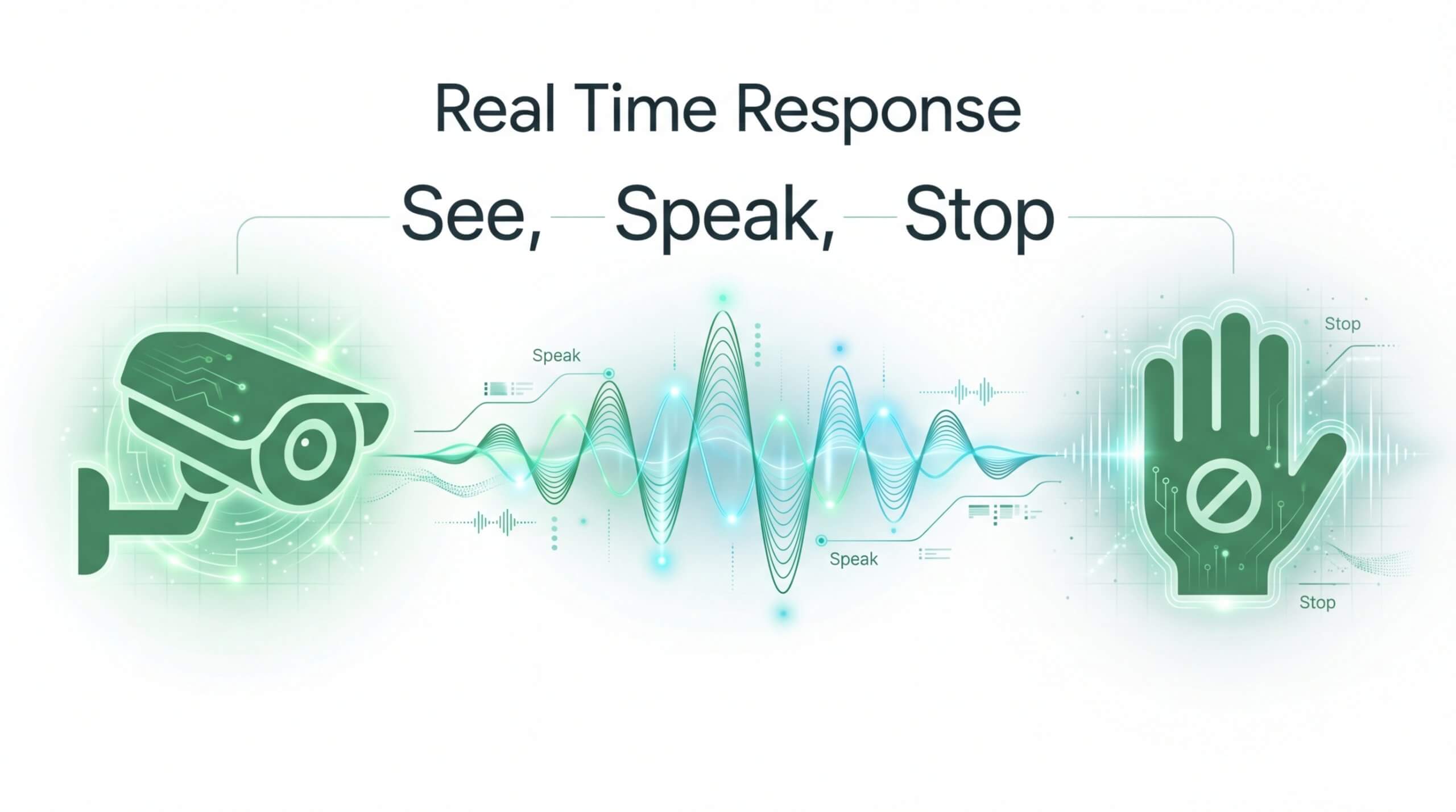 Real-time crime deterrence system for 2026 showing the "See, Speak, Stop" methodology: Proactive surveillance video capture, live voice-down audio intervention, and immediate threat stopping to prevent trespassing.