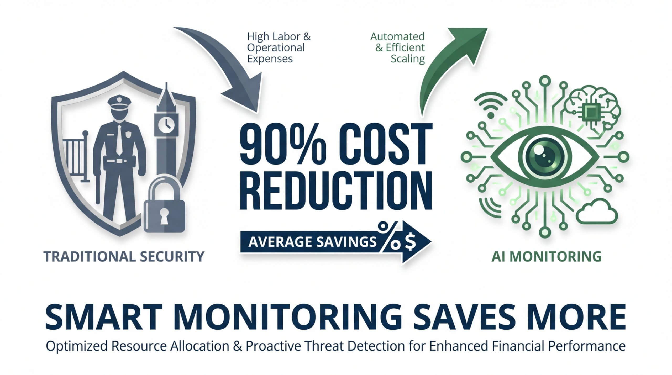Infographic showing a 90% cost reduction comparison between Traditional Security (marked by high labor and operational expenses) and AI Monitoring (highlighted for automated and efficient scaling). The graphic emphasizes how smart monitoring leads to optimized resource allocation and proactive threat detection for enhanced financial performance