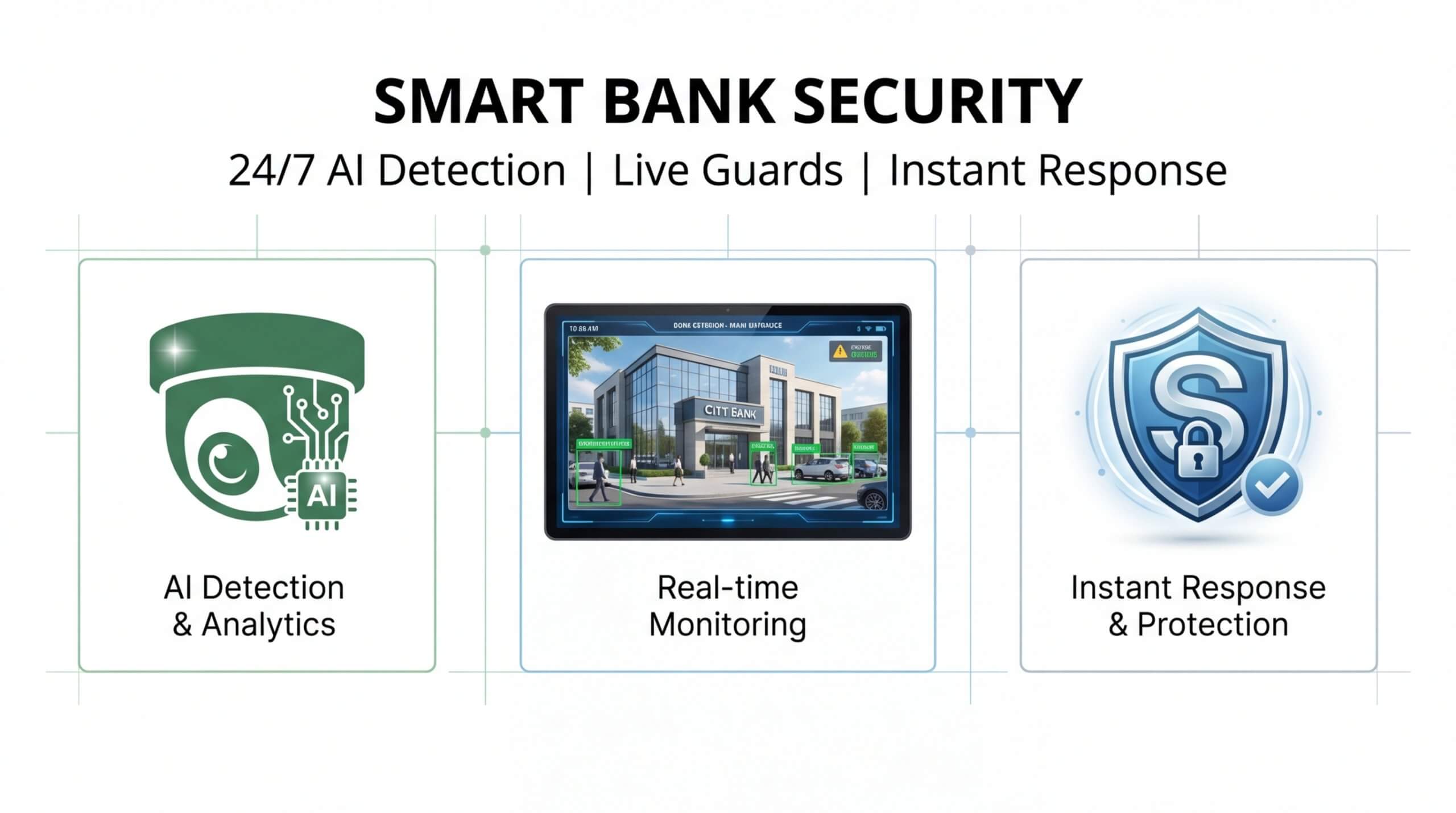 Advanced smart bank security system for 2026 featuring 24/7 AI detection and analytics, real-time remote monitoring of financial institutions, and instant response protection to prevent bank robberies and fraud.