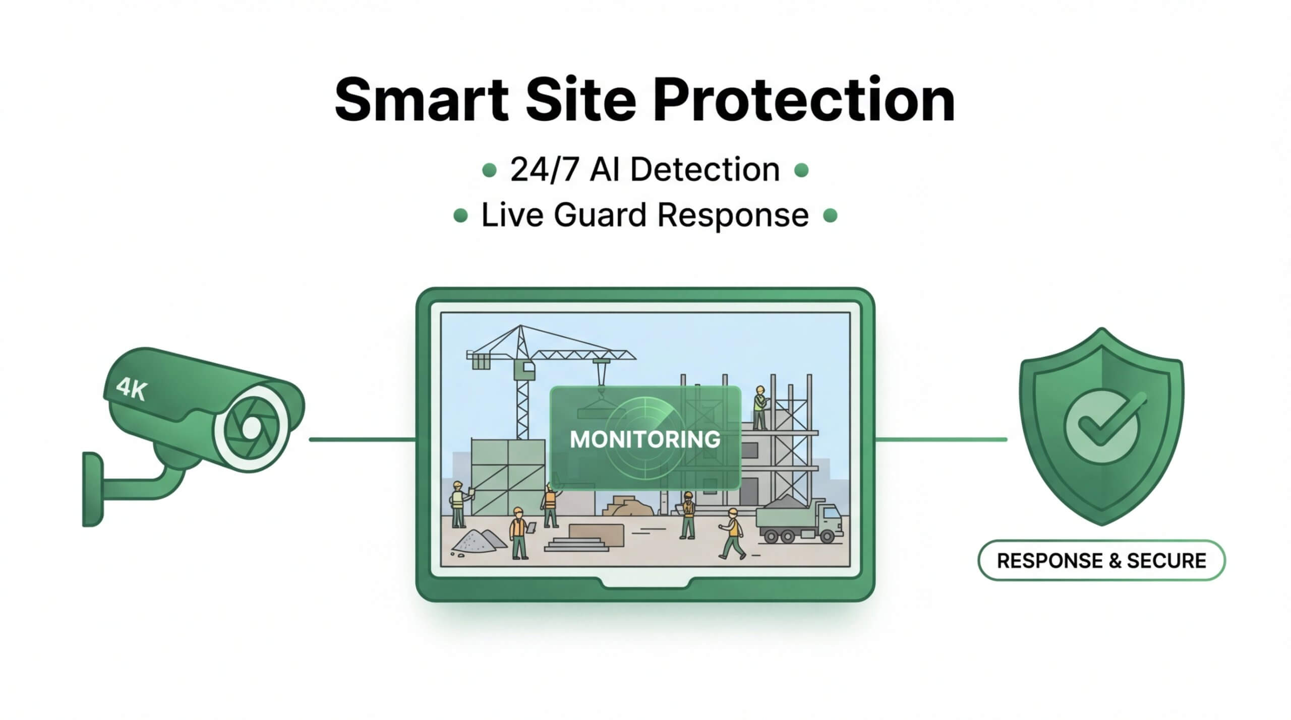 Graphic titled "Smart Site Protection" illustrating a 4K camera connected to a tablet showing a monitored construction site with cranes and workers. A green shield icon on the right is labeled "Response & Secure."
