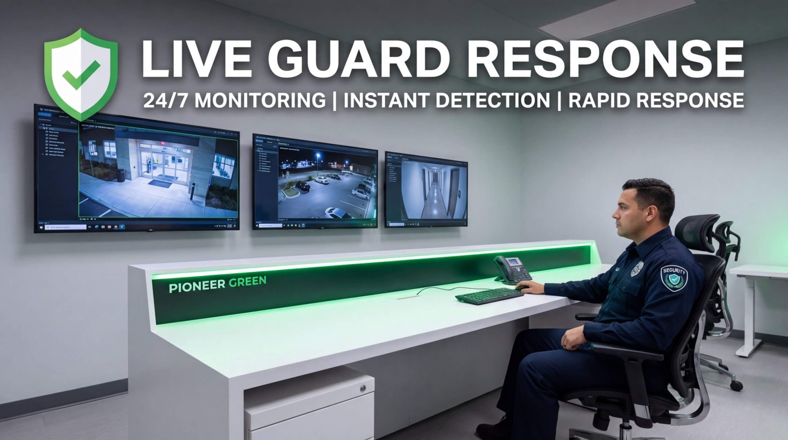 Professional live guard response center for 2026 featuring a security operator at a Pioneer Green command desk providing 24/7 monitoring, instant AI detection, and rapid response through real-time surveillance feeds.