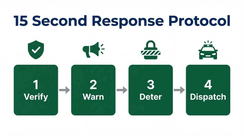Infographic titled "15 Second Response Protocol" showing a four-step security process: 1) Verify (shield icon), 2) Warn (megaphone icon), 3) Deter (lock icon), and 4) Dispatch (police car icon). Each step is connected by arrows to show a rapid workflow.