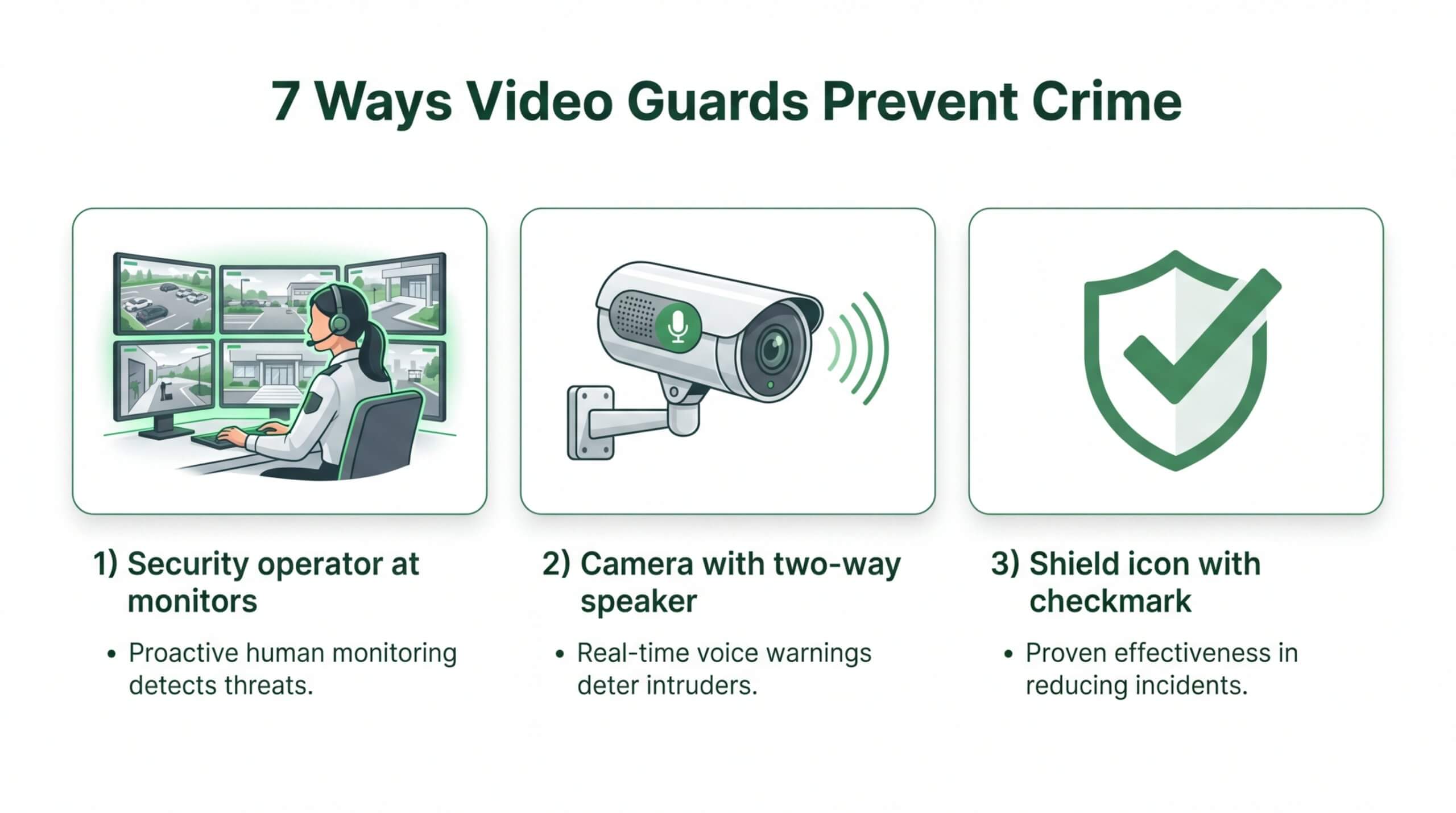 Infographic outlining how remote video guards prevent crime in 2026 through proactive human monitoring, real-time voice warnings via two-way speakers, and proven effectiveness in reducing security incidents.